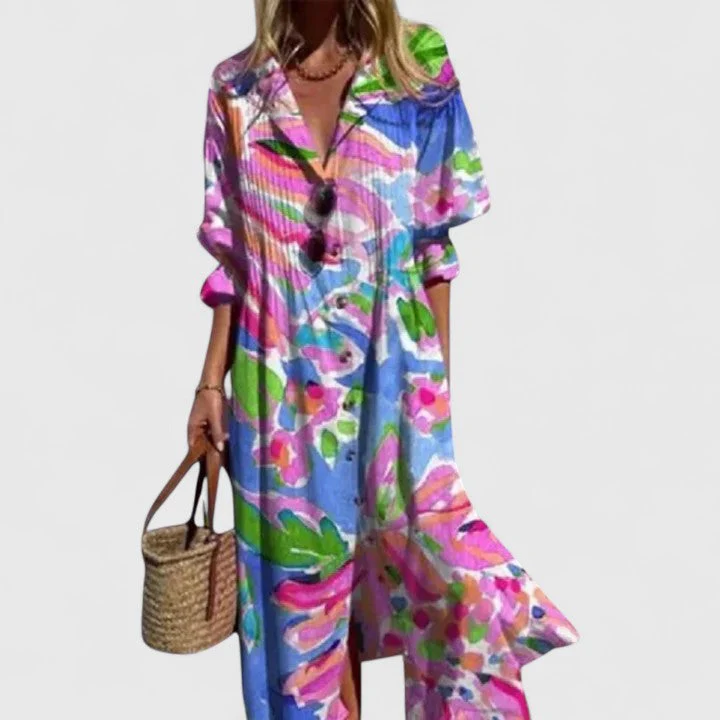 Edith | Damen Blumen Knopfleiste Vorne Midi Kleid - Image 3