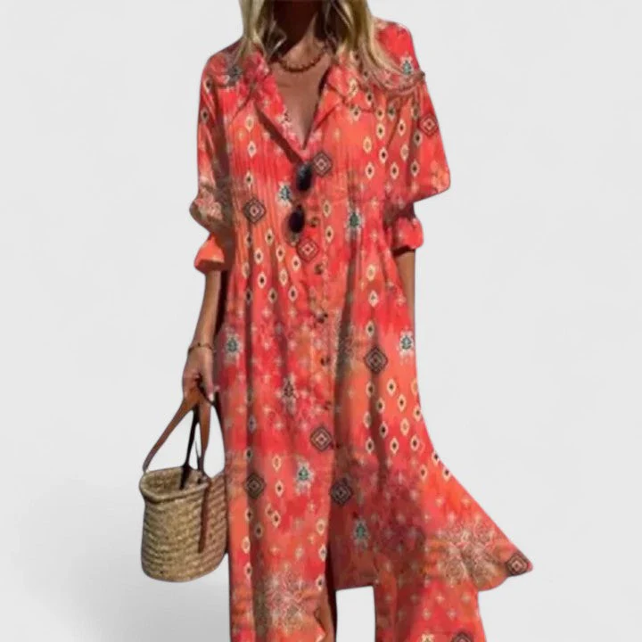 Edith | Damen Blumen Knopfleiste Vorne Midi Kleid - Image 4