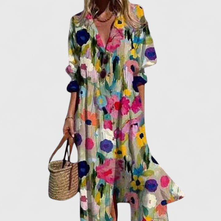 Edith | Damen Blumen Knopfleiste Vorne Midi Kleid - Image 6