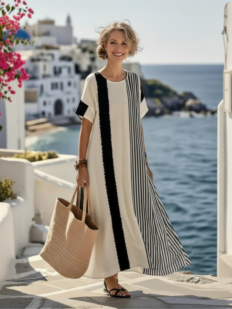 Elara | Damen Maxikleid Gestreift Rundhals Leicht - Image 2