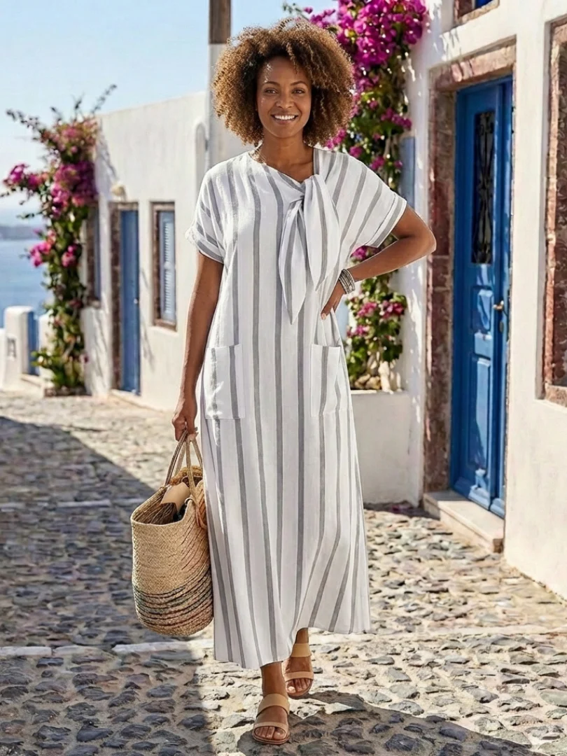 Elaris | Damen Midikleid Gestreift Bindeausschnitt Leicht - Image 3