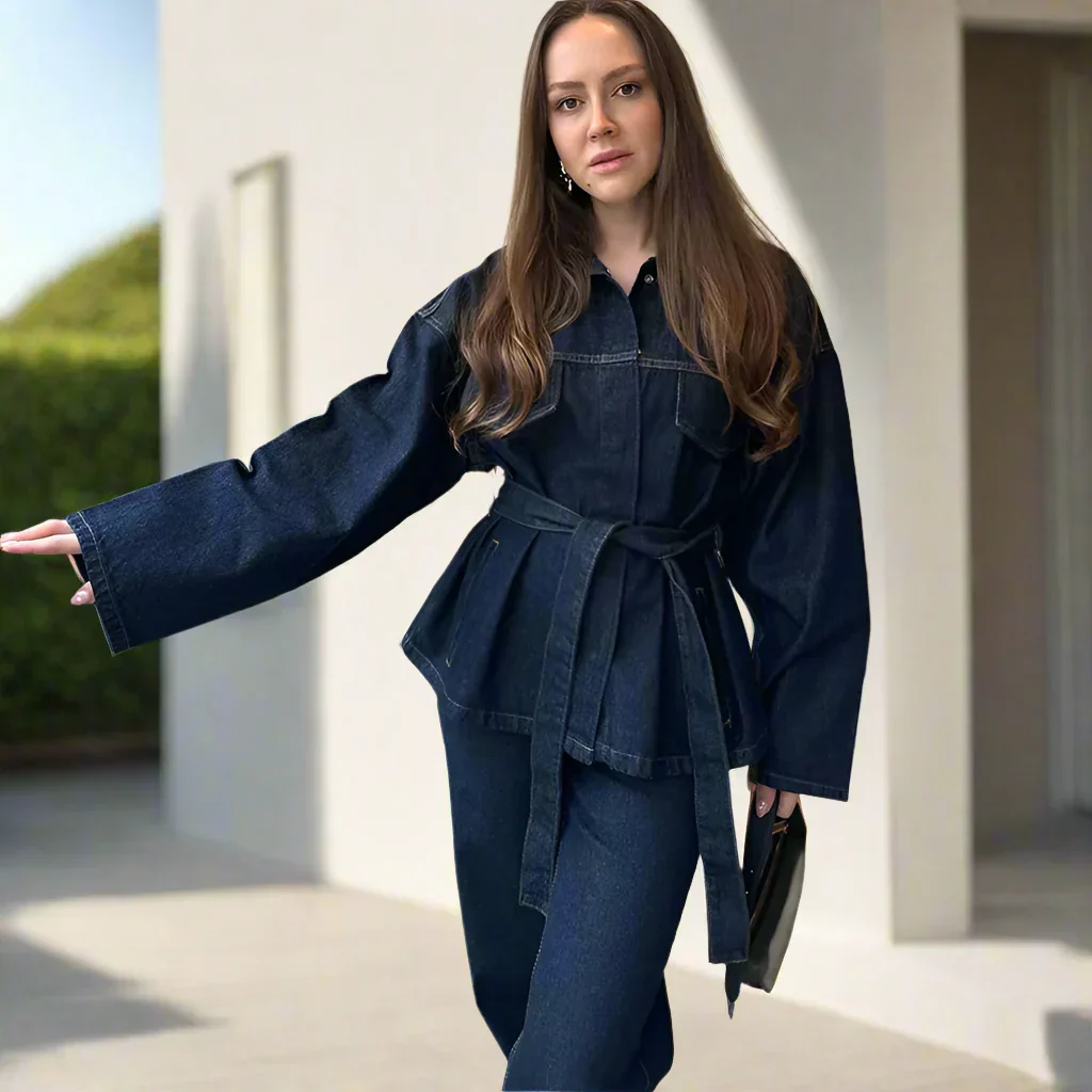 Elegante Damen Jeans-Kombination mit weitem Bein und langer Jacke