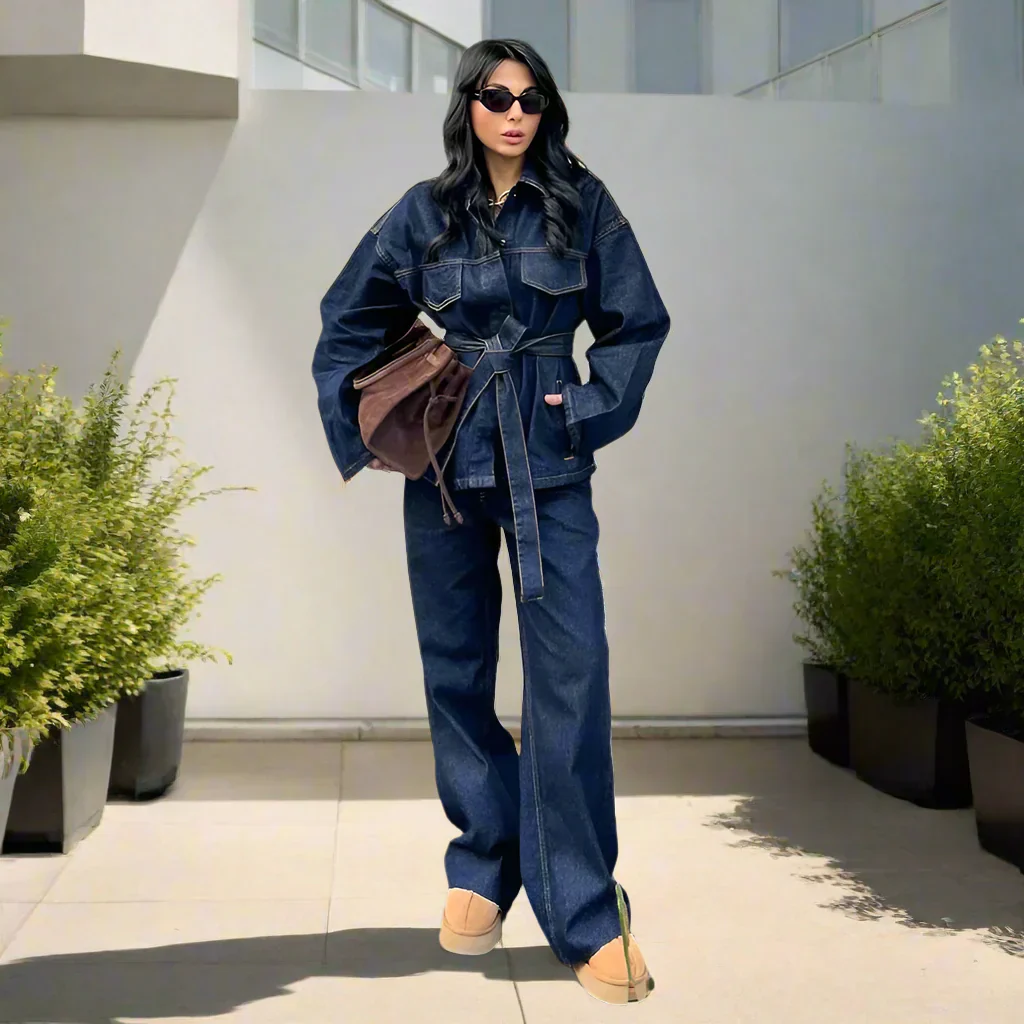 Elegante Damen Jeans-Kombination mit weitem Bein und langer Jacke - Image 10