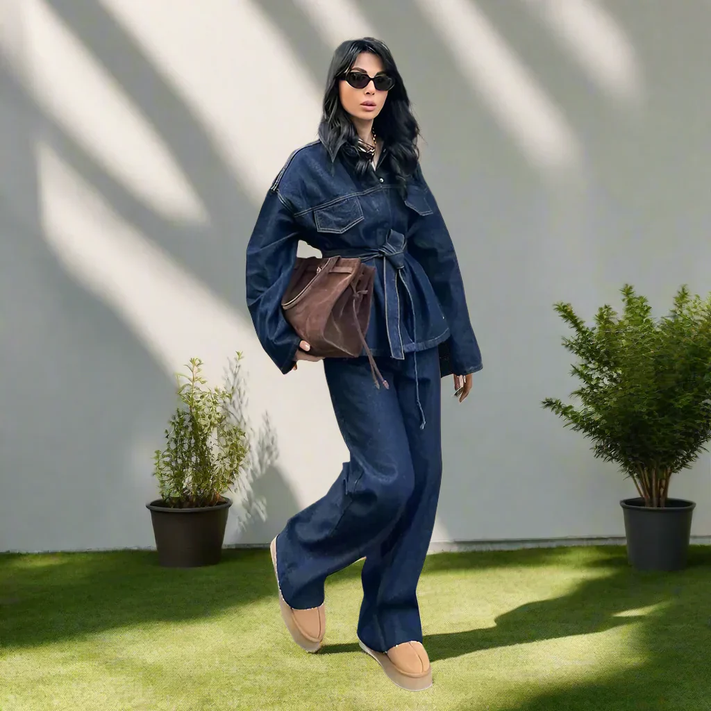 Elegante Damen Jeans-Kombination mit weitem Bein und langer Jacke - Image 2