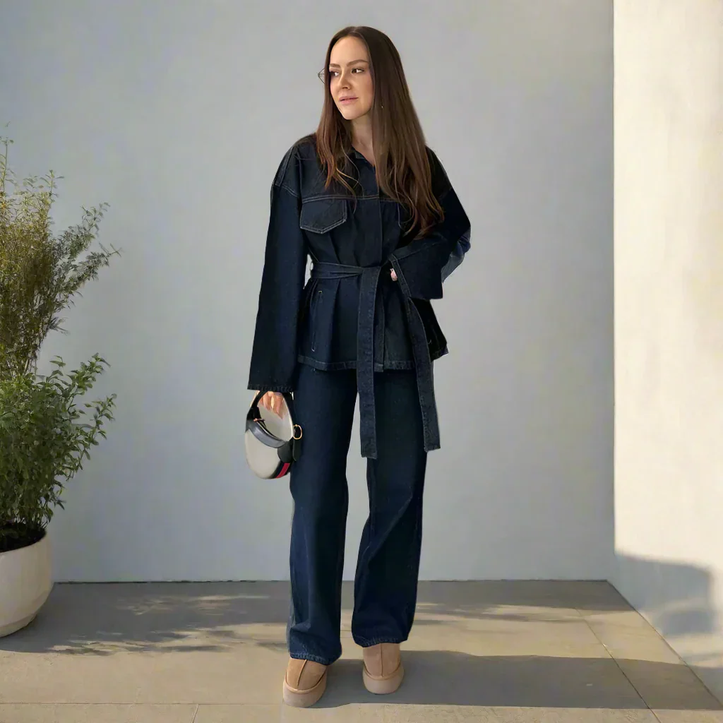 Elegante Damen Jeans-Kombination mit weitem Bein und langer Jacke - Image 3