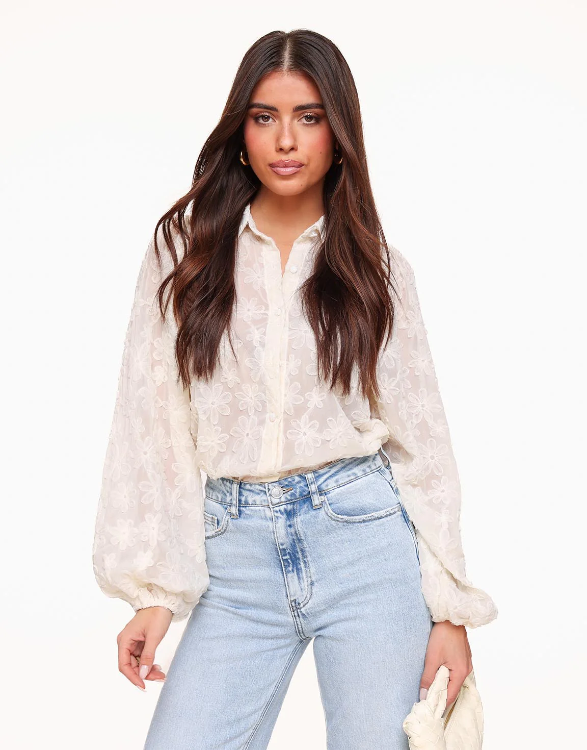Elegante transparente Bluse mit Blumenmuster – Creme - Image 3