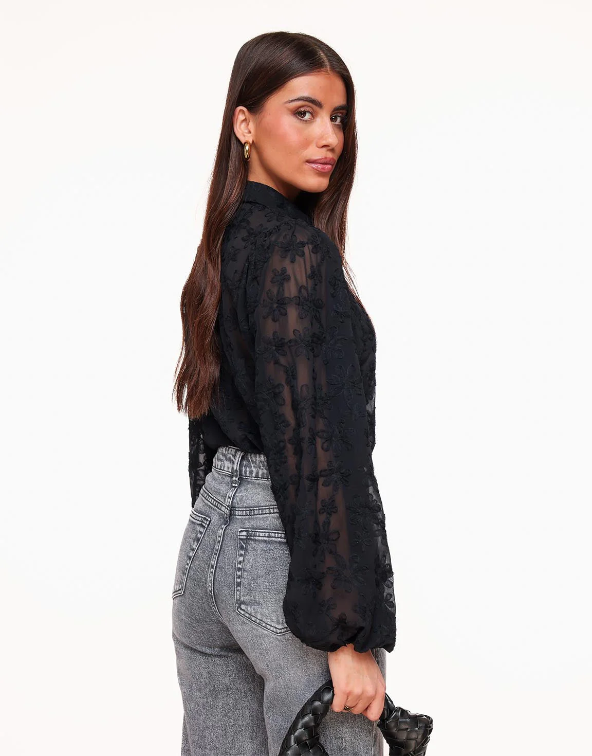 Elegante transparente Bluse mit Blumenmuster – Schwarz - Image 2