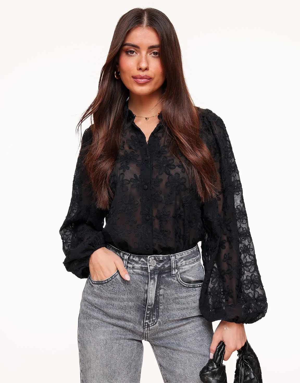 Elegante transparente Bluse mit Blumenmuster – Schwarz - Image 3