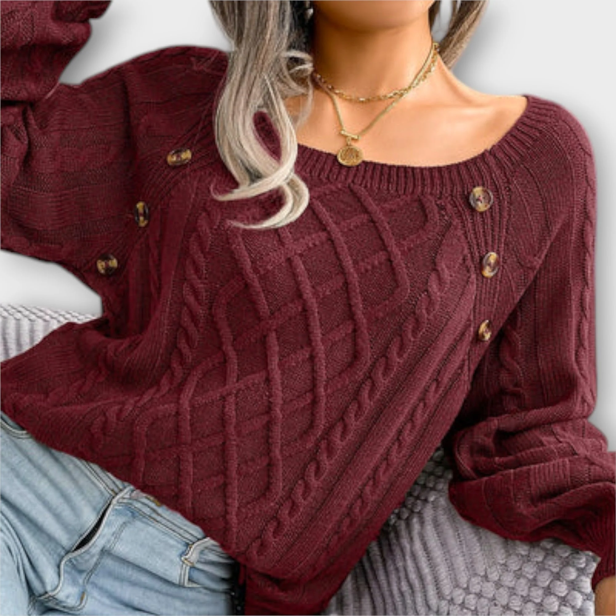 Eleganter Zopfmuster-Pullover – Mit Knopfdetails - Image 3