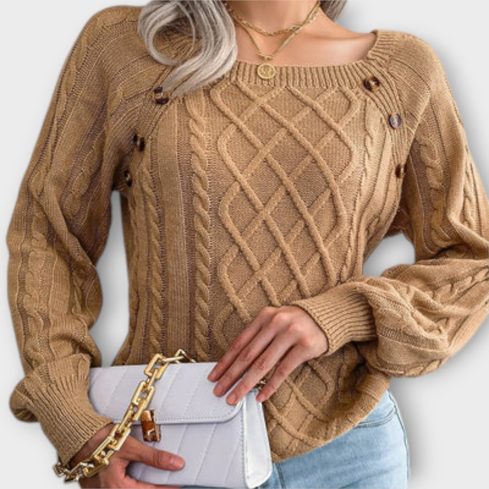 Eleganter Zopfmuster-Pullover – Mit Knopfdetails - Image 4