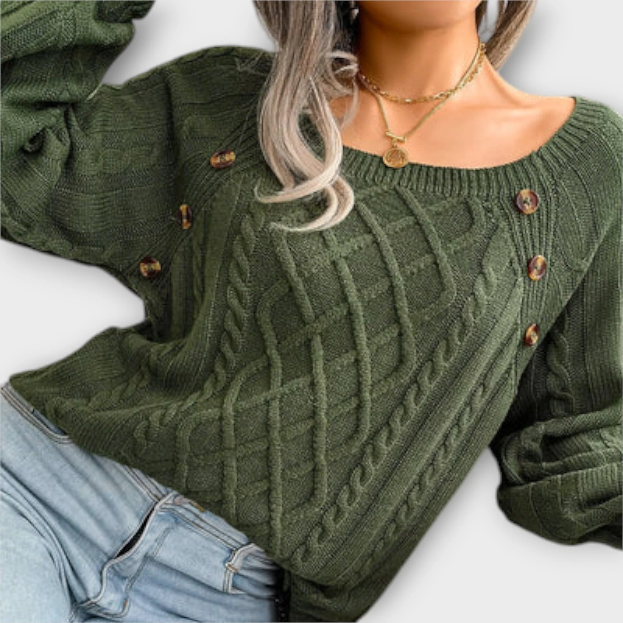 Eleganter Zopfmuster-Pullover – Mit Knopfdetails - Image 5