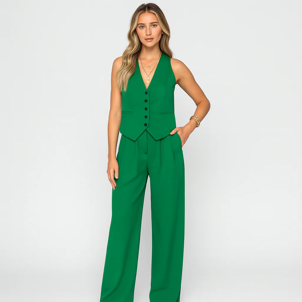 Elegantes 2-teiliges Set für Damen – Ärmelloses Top mit V-Ausschnitt und passende einfarbige Hose - Image 3