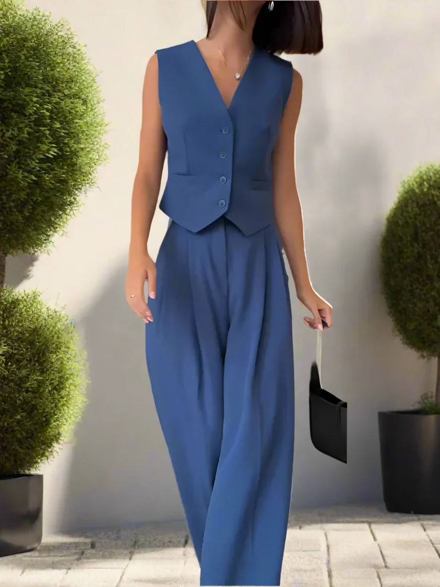 Elegantes Damen Hosenanzug Set mit V-Ausschnitt und weitem Bein - Image 13