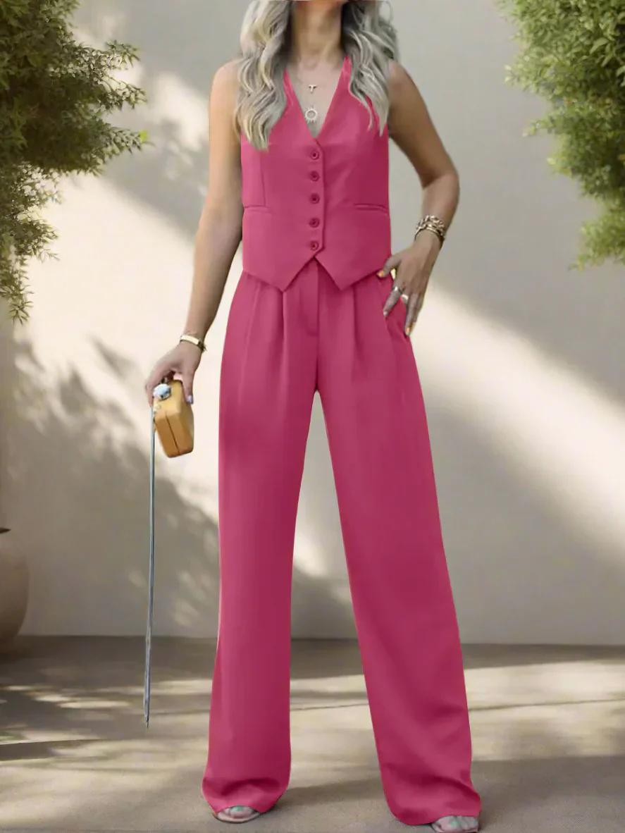 Elegantes Damen Hosenanzug Set mit V-Ausschnitt und weitem Bein - Image 14