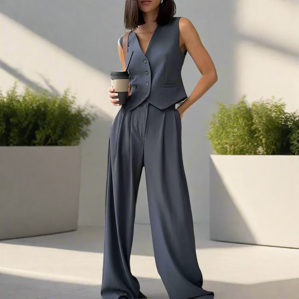 Elegantes Damen Hosenanzug Set mit V-Ausschnitt und weitem Bein - Image 16