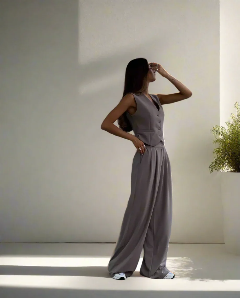 Elegantes Damen Hosenanzug Set mit V-Ausschnitt und weitem Bein - Image 4
