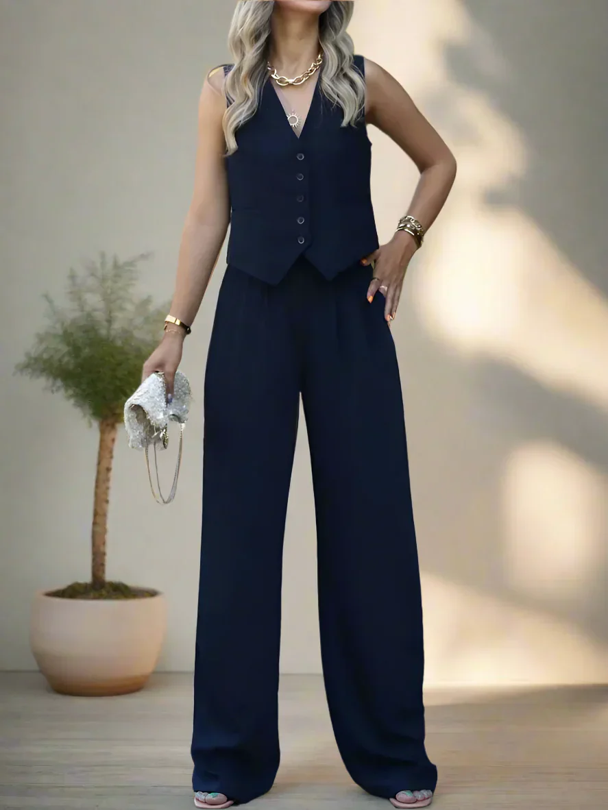 Elegantes Damen Hosenanzug Set mit V-Ausschnitt und weitem Bein - Image 7