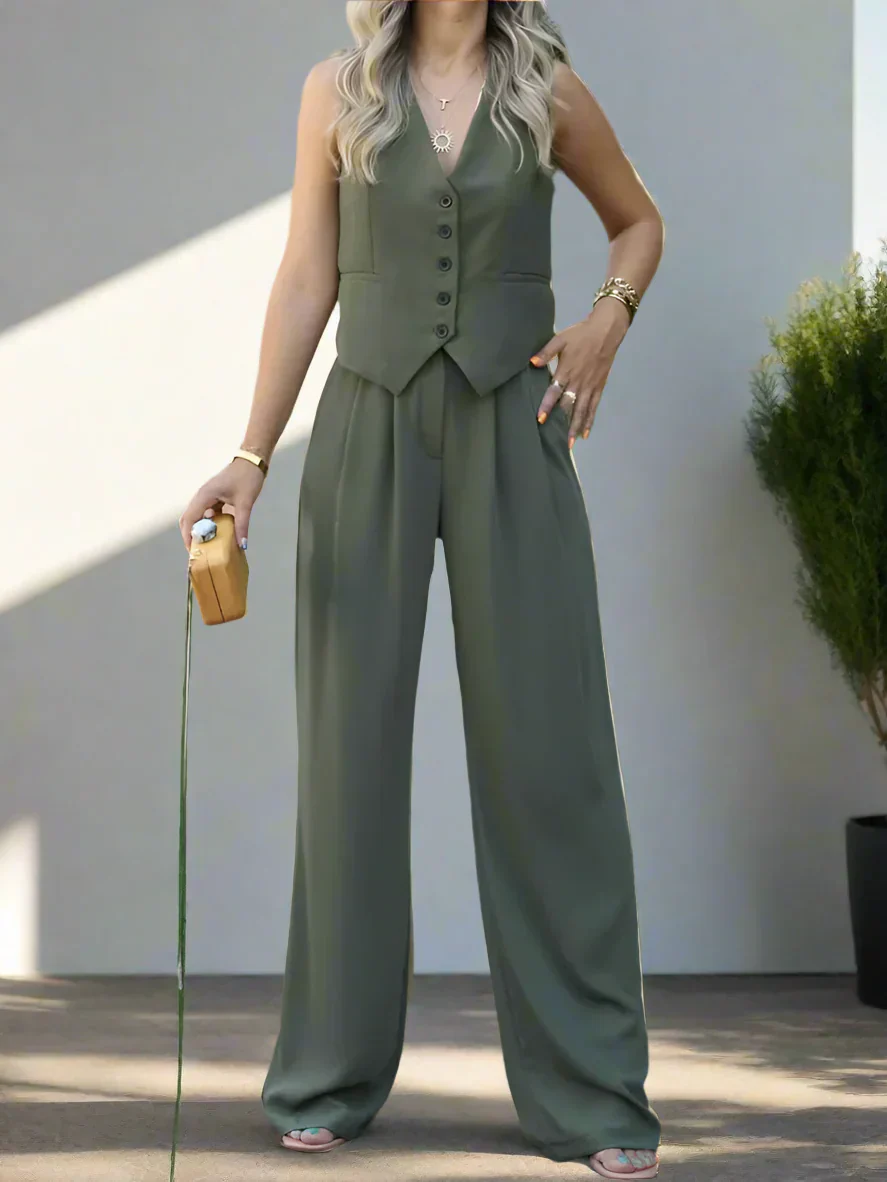 Elegantes Damen Hosenanzug Set mit V-Ausschnitt und weitem Bein - Image 8