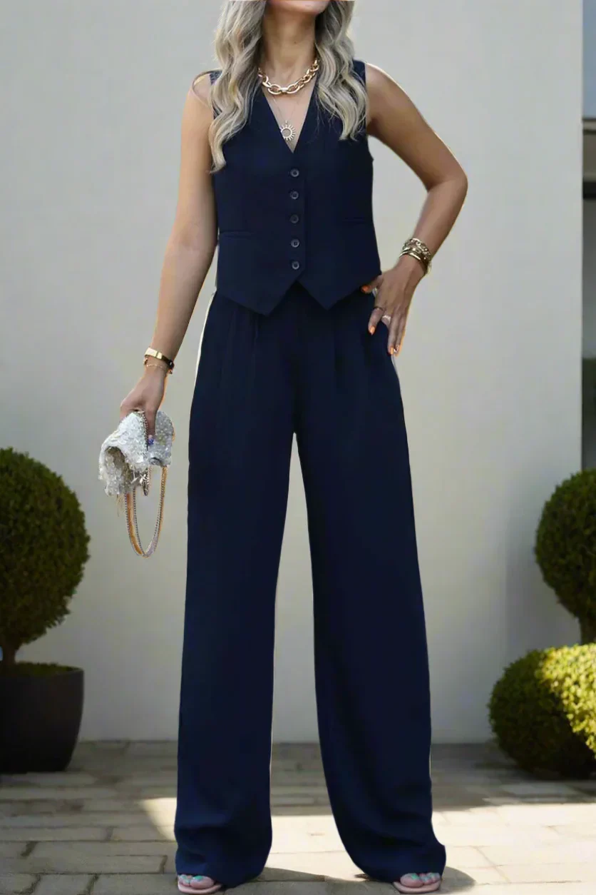 Elegantes Damen Hosenanzug Set mit V-Ausschnitt und weitem Bein - Image 9