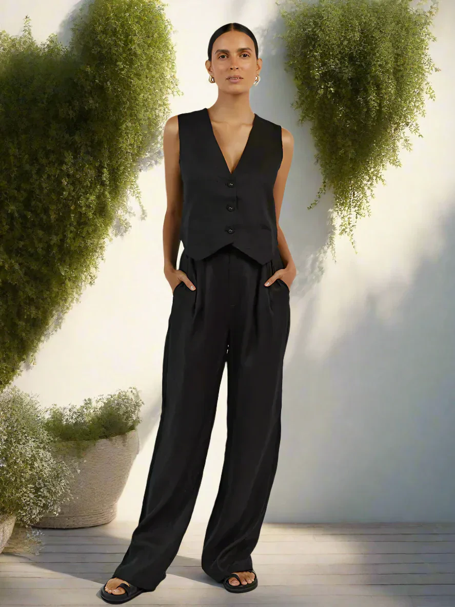 Elegantes Damen Zweiteiler Set Business Casual Ärmellos mit Weitem Bein - Image 18