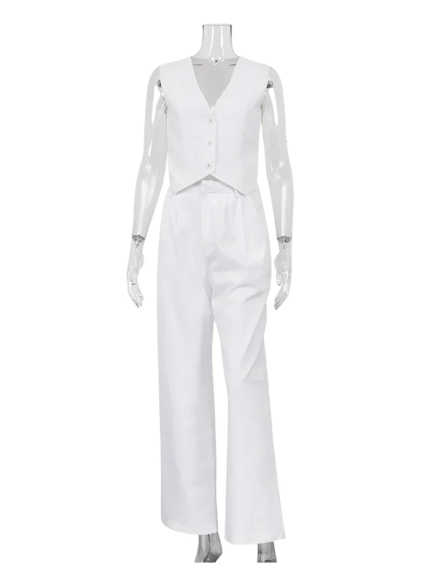 Elegantes Damen Zweiteiler Set Business Casual Ärmellos mit Weitem Bein - Image 3