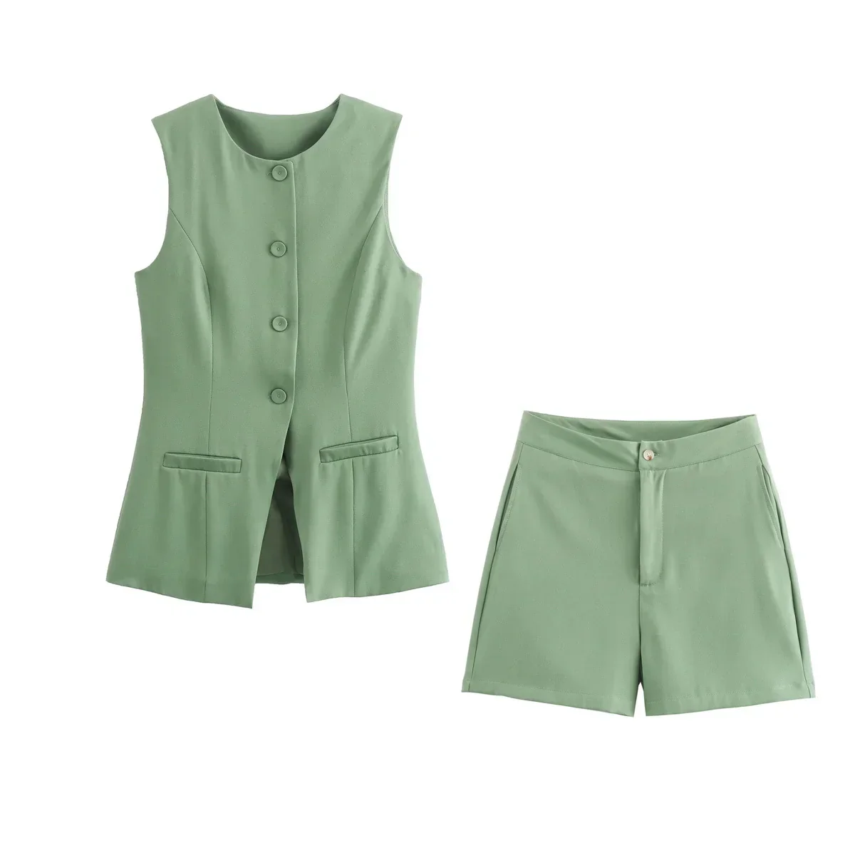 Elegantes Damen Zweiteiler-Set Vintage Kurzarm Knopfleiste - Image 11
