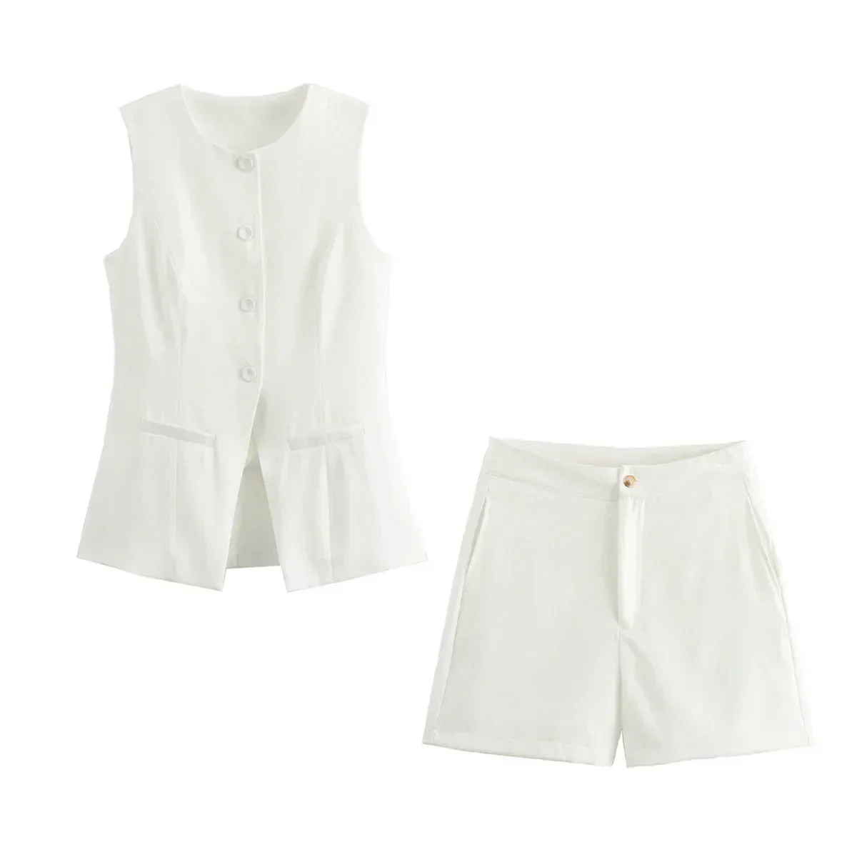 Elegantes Damen Zweiteiler-Set Vintage Kurzarm Knopfleiste - Image 12