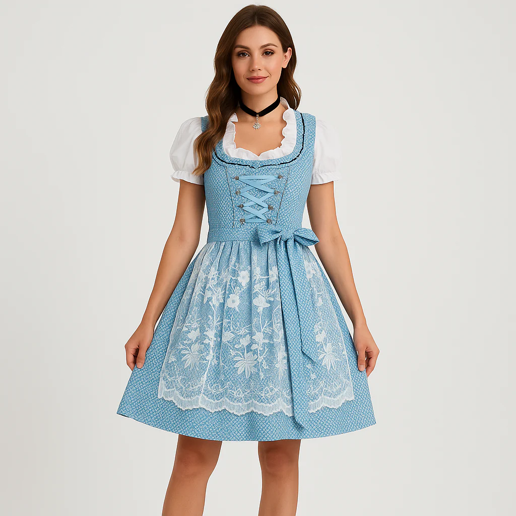 Elegantes Dirndl Damen – Blau-Weiß mit Punktmuster & Festlicher Schleife - Image 2