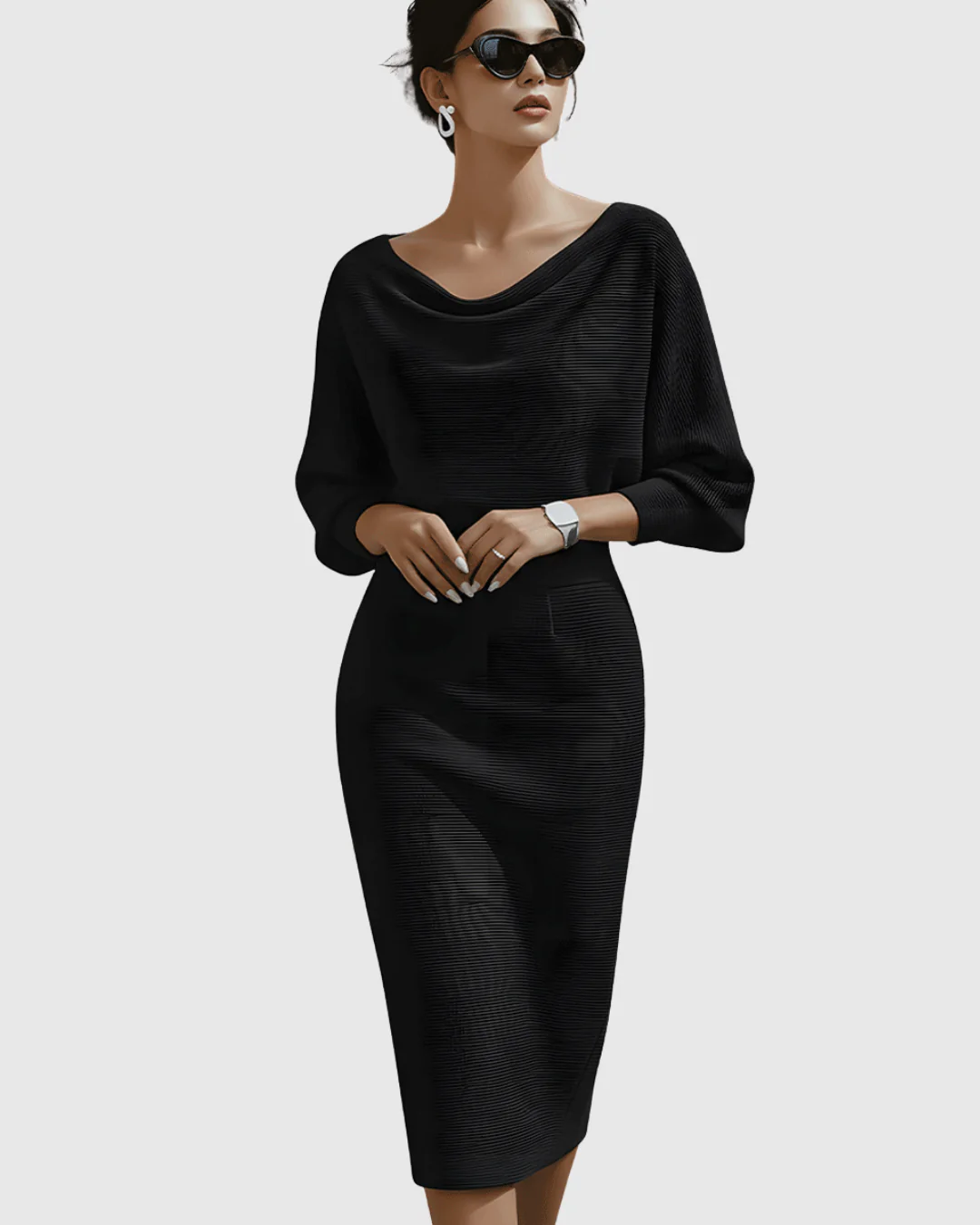Elegantes drapiertes Midikleid mit Fledermausärmeln für Frauen - Image 2