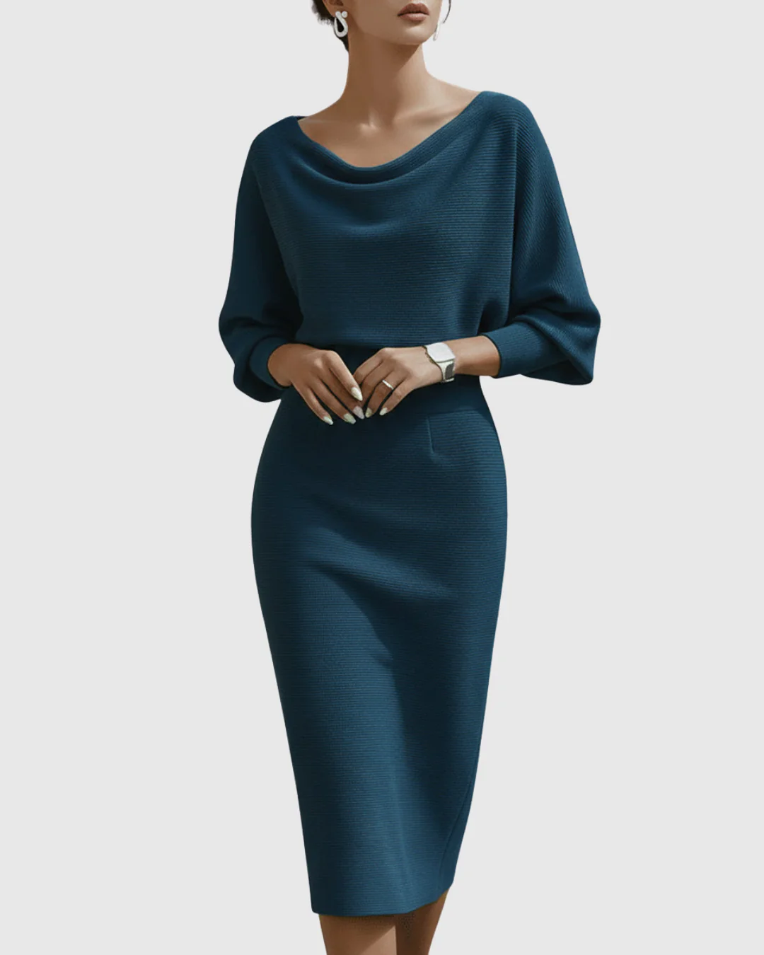 Elegantes drapiertes Midikleid mit Fledermausärmeln für Frauen - Image 4