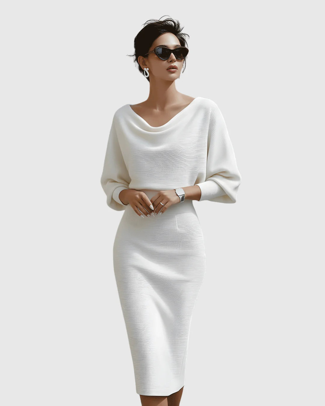 Elegantes drapiertes Midikleid mit Fledermausärmeln für Frauen - Image 6