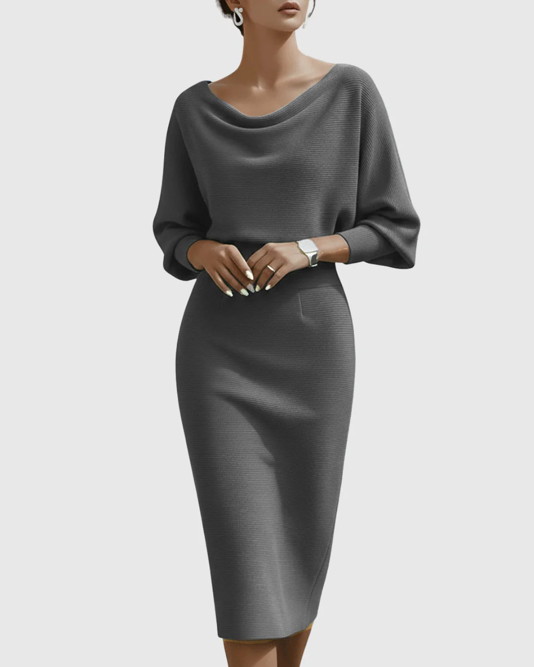 Elegantes drapiertes Midikleid mit Fledermausärmeln für Frauen - Image 9