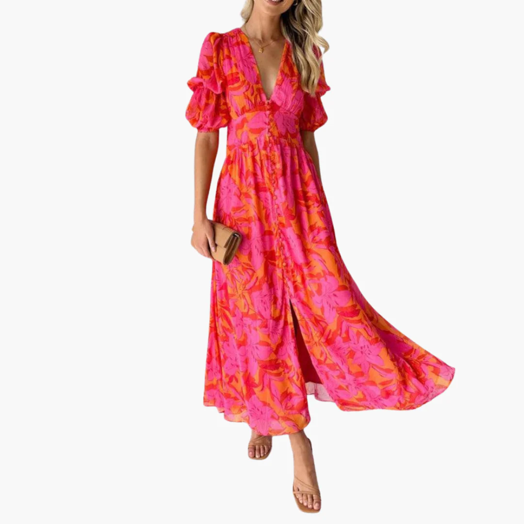 Elegantes Maxikleid für Damen - V-Ausschnitt & Puffärmeln - Image 3