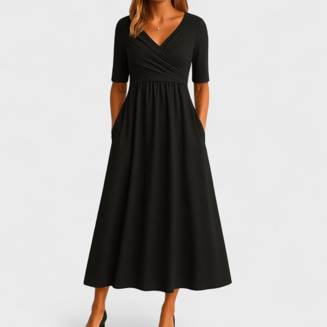 Elegantes Midikleid für Frauen - V-Ausschnitt, Ellbogenlange Ärmel, Praktische Taschen - Image 2