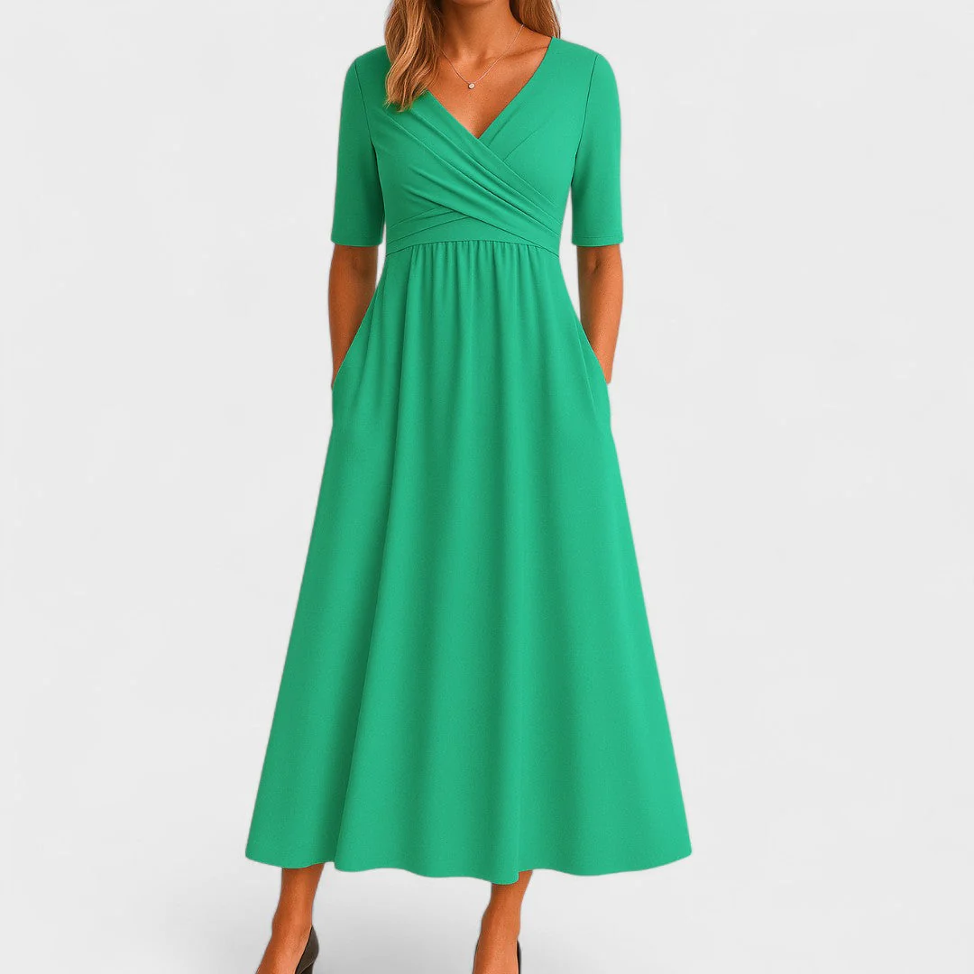 Elegantes Midikleid für Frauen - V-Ausschnitt, Ellbogenlange Ärmel, Praktische Taschen - Image 5