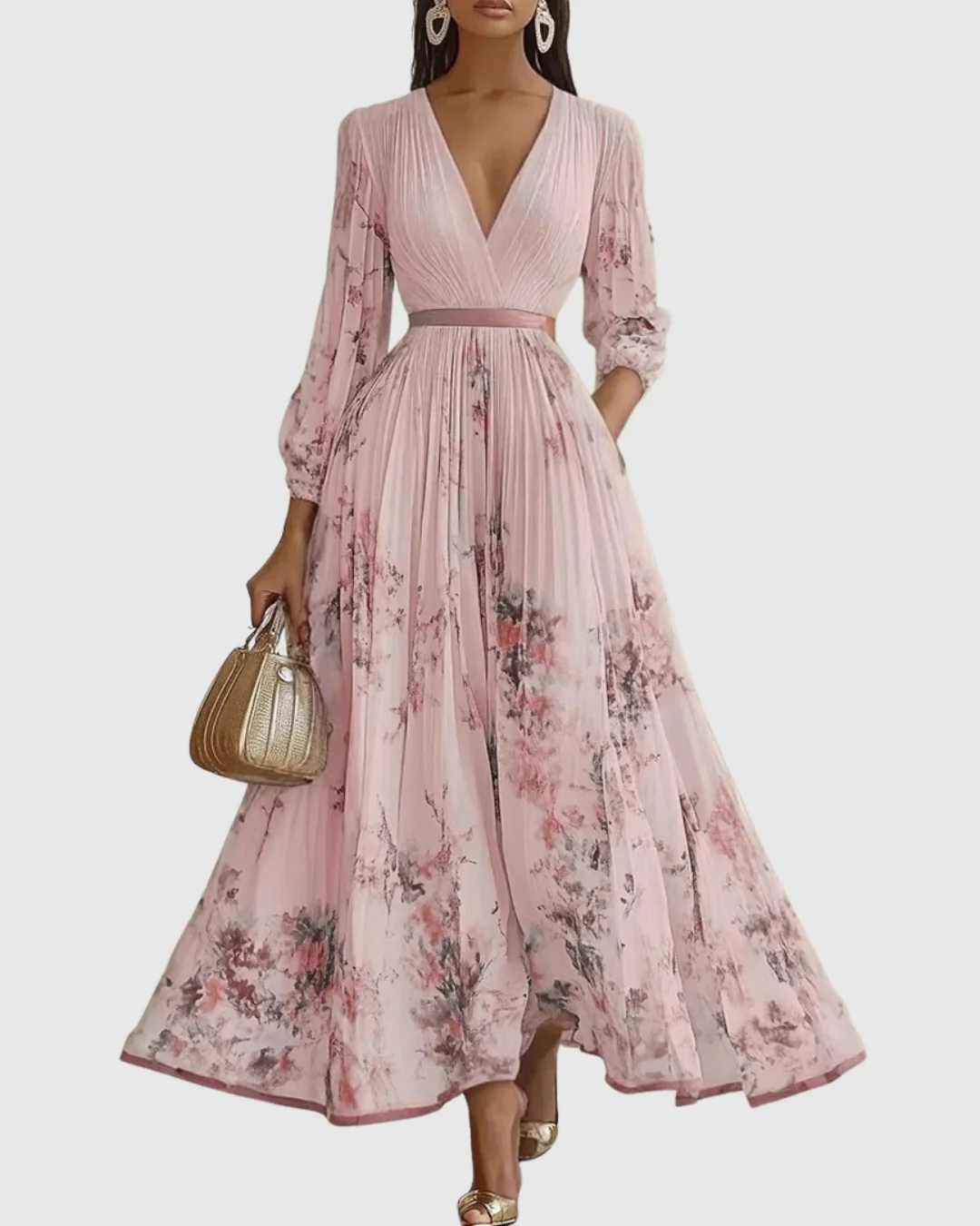 Elegantes plissiertes Maxikleid für Frauen – Sommerkleid mit V-Ausschnitt und langen Ärmeln - Image 10