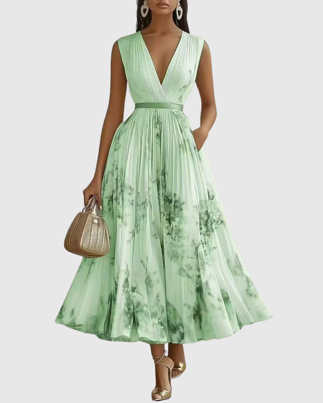 Elegantes plissiertes Maxikleid für Frauen – Sommerkleid mit V-Ausschnitt und langen Ärmeln - Image 11