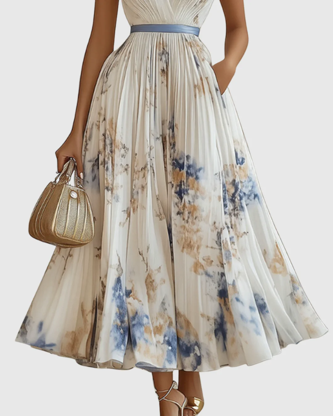 Elegantes plissiertes Maxikleid für Frauen – Sommerkleid mit V-Ausschnitt und langen Ärmeln - Image 2