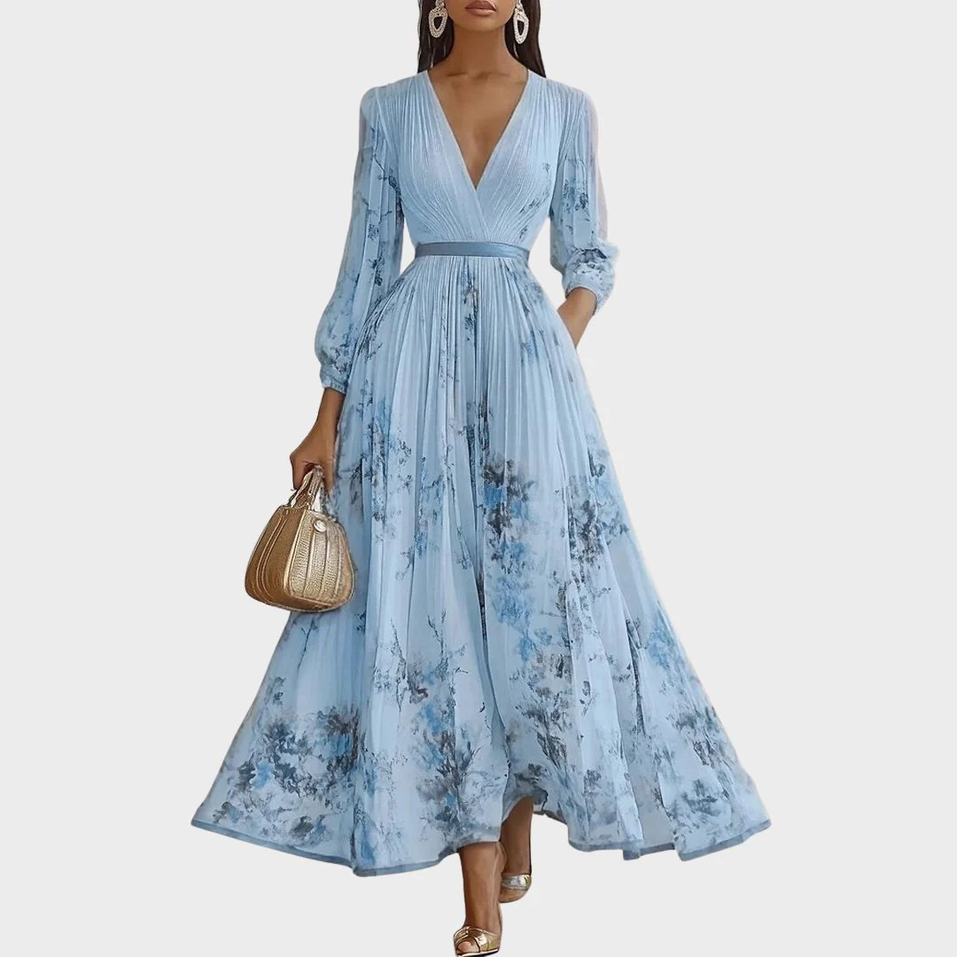 Elegantes plissiertes Maxikleid für Frauen – Sommerkleid mit V-Ausschnitt und langen Ärmeln - Image 3
