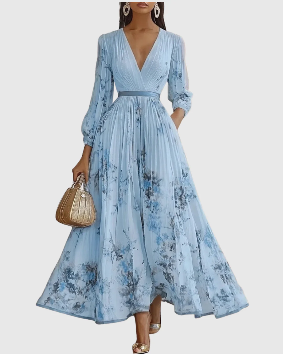 Elegantes plissiertes Maxikleid für Frauen – Sommerkleid mit V-Ausschnitt und langen Ärmeln - Image 4