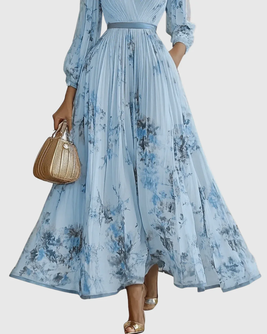 Elegantes plissiertes Maxikleid für Frauen – Sommerkleid mit V-Ausschnitt und langen Ärmeln - Image 5