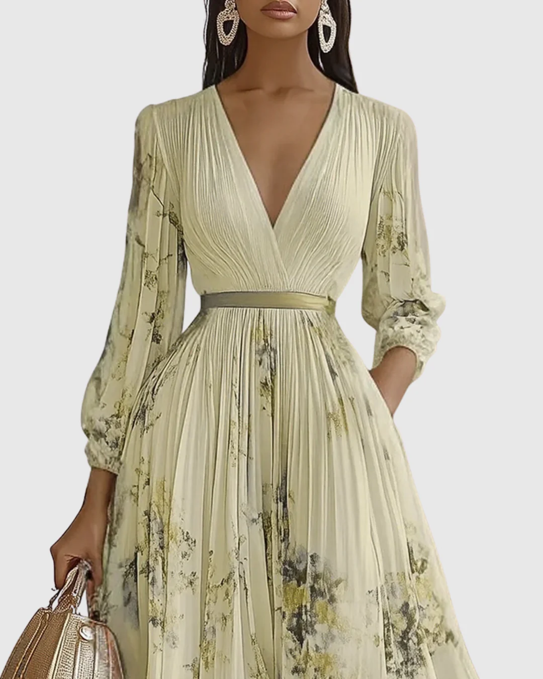 Elegantes plissiertes Maxikleid für Frauen – Sommerkleid mit V-Ausschnitt und langen Ärmeln - Image 6