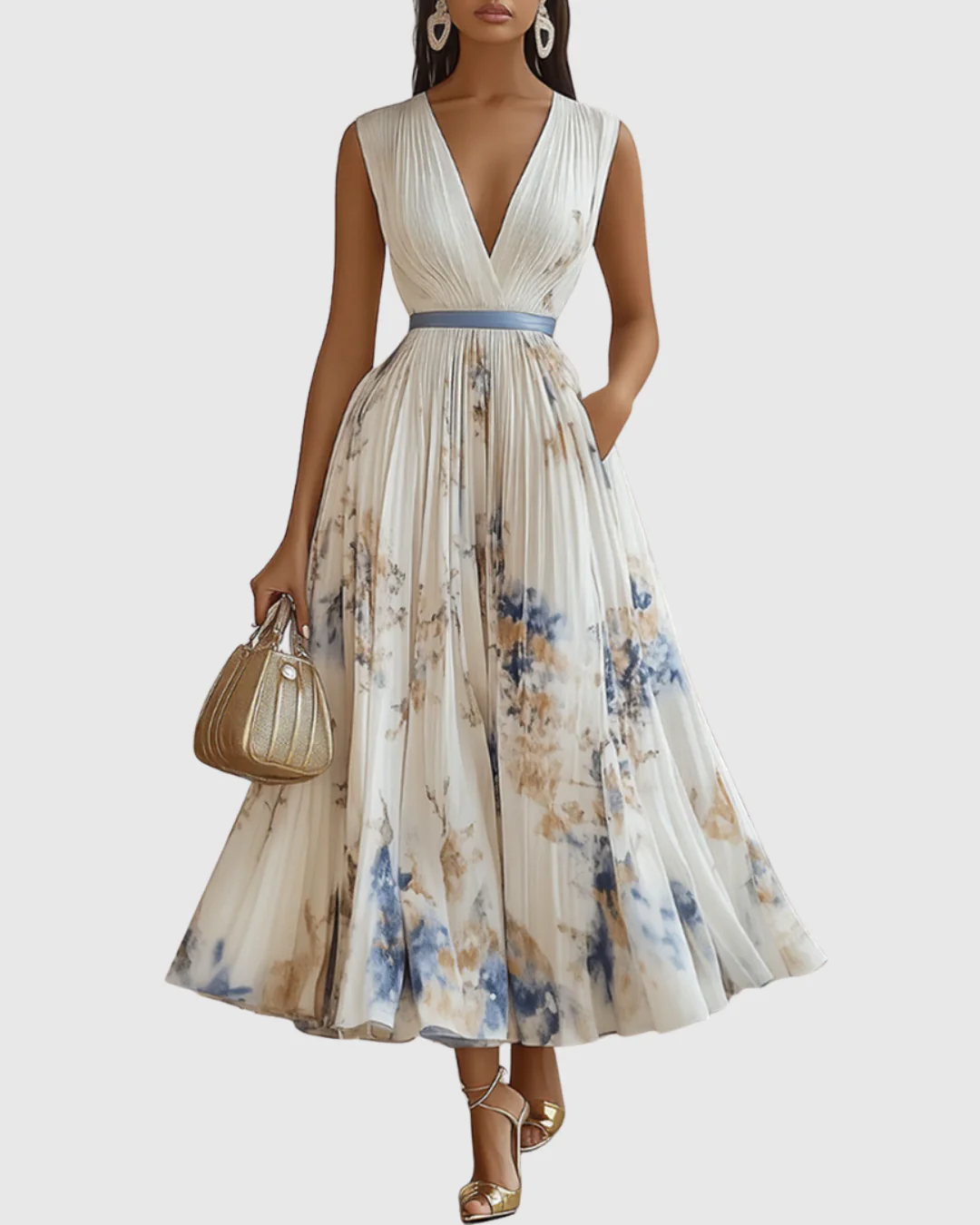 Elegantes plissiertes Maxikleid für Frauen – Sommerkleid mit V-Ausschnitt und langen Ärmeln - Image 7