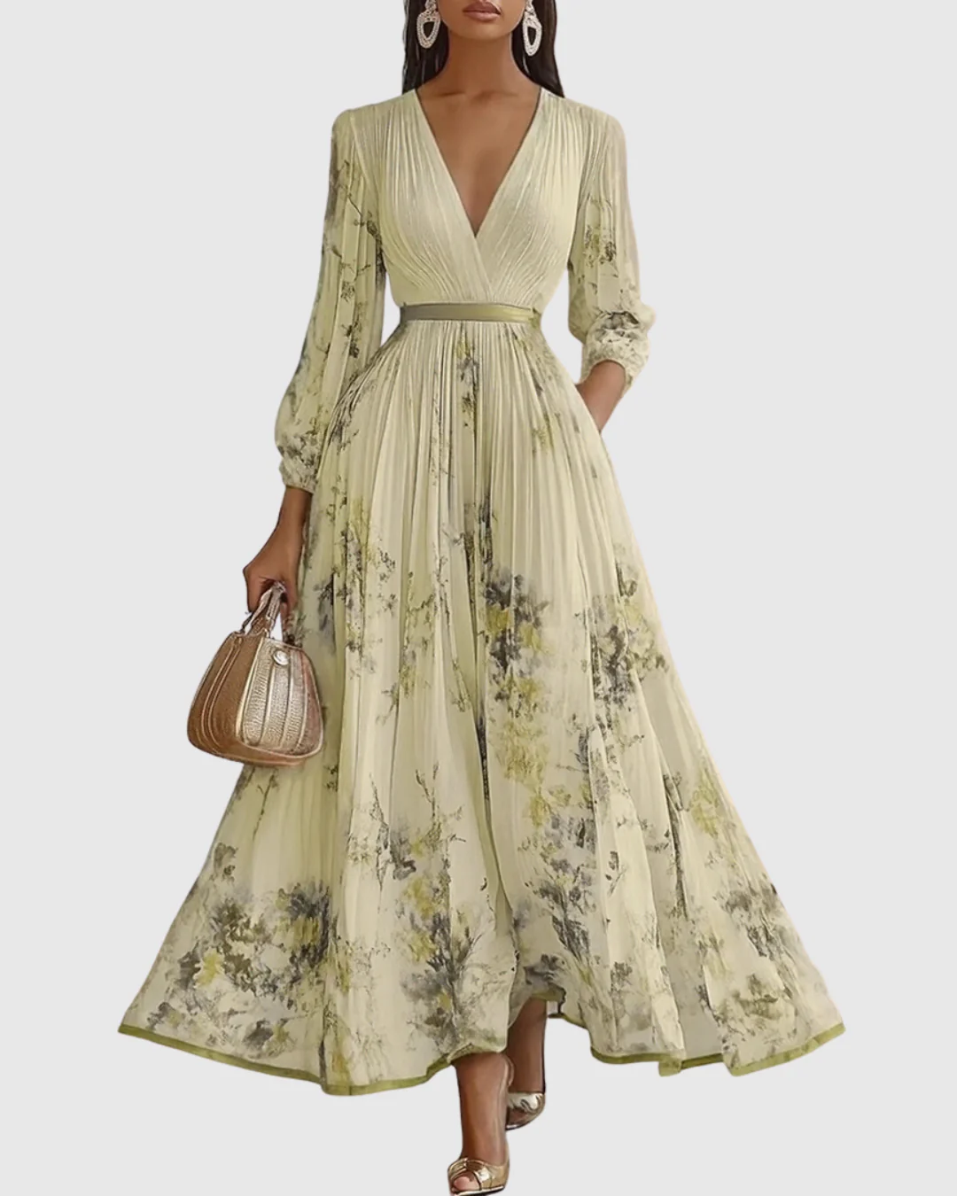 Elegantes plissiertes Maxikleid für Frauen – Sommerkleid mit V-Ausschnitt und langen Ärmeln - Image 9