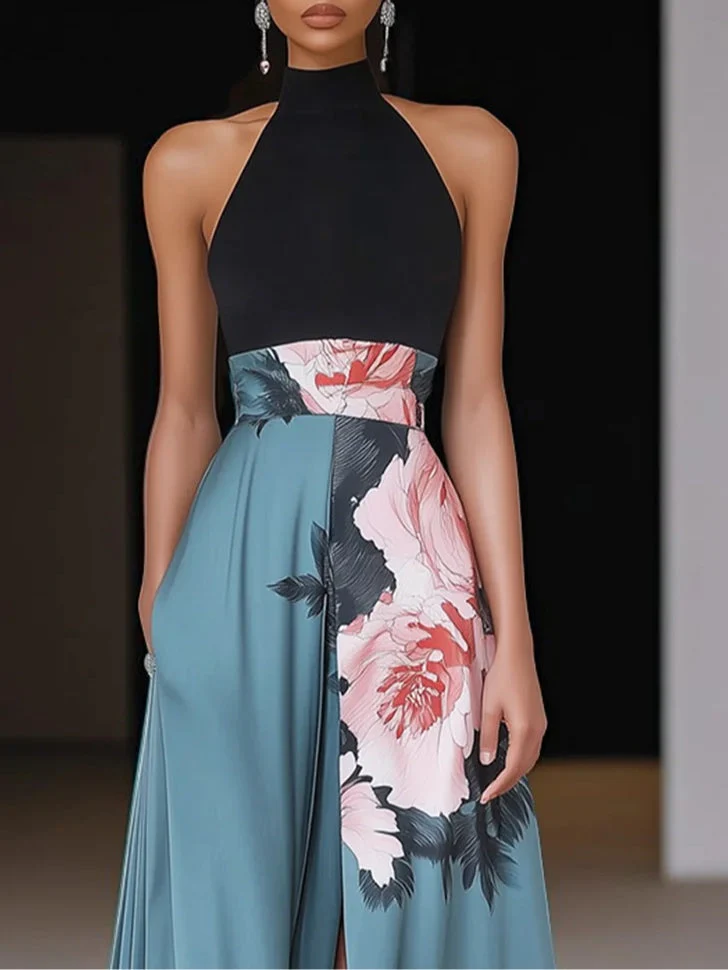 Elegantes schwarzes Maxikleid mit floralem Muster und Seitenschlitz für Frauen