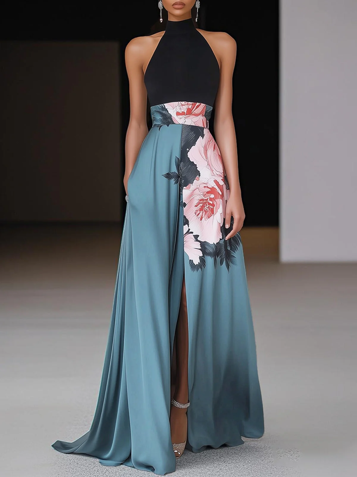 Elegantes schwarzes Maxikleid mit floralem Muster und Seitenschlitz für Frauen - Image 3