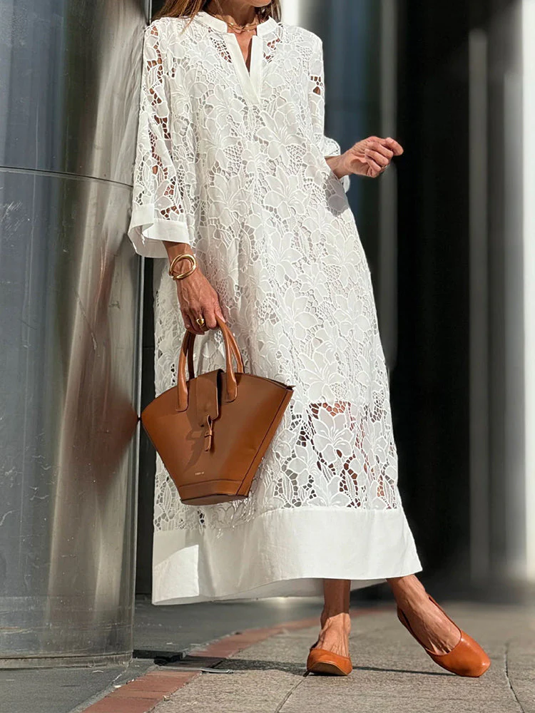 Elegantes Spitzenkleid mit 3/4-Ärmeln & Stehkragen – Luftig & Stilvoll - Image 3