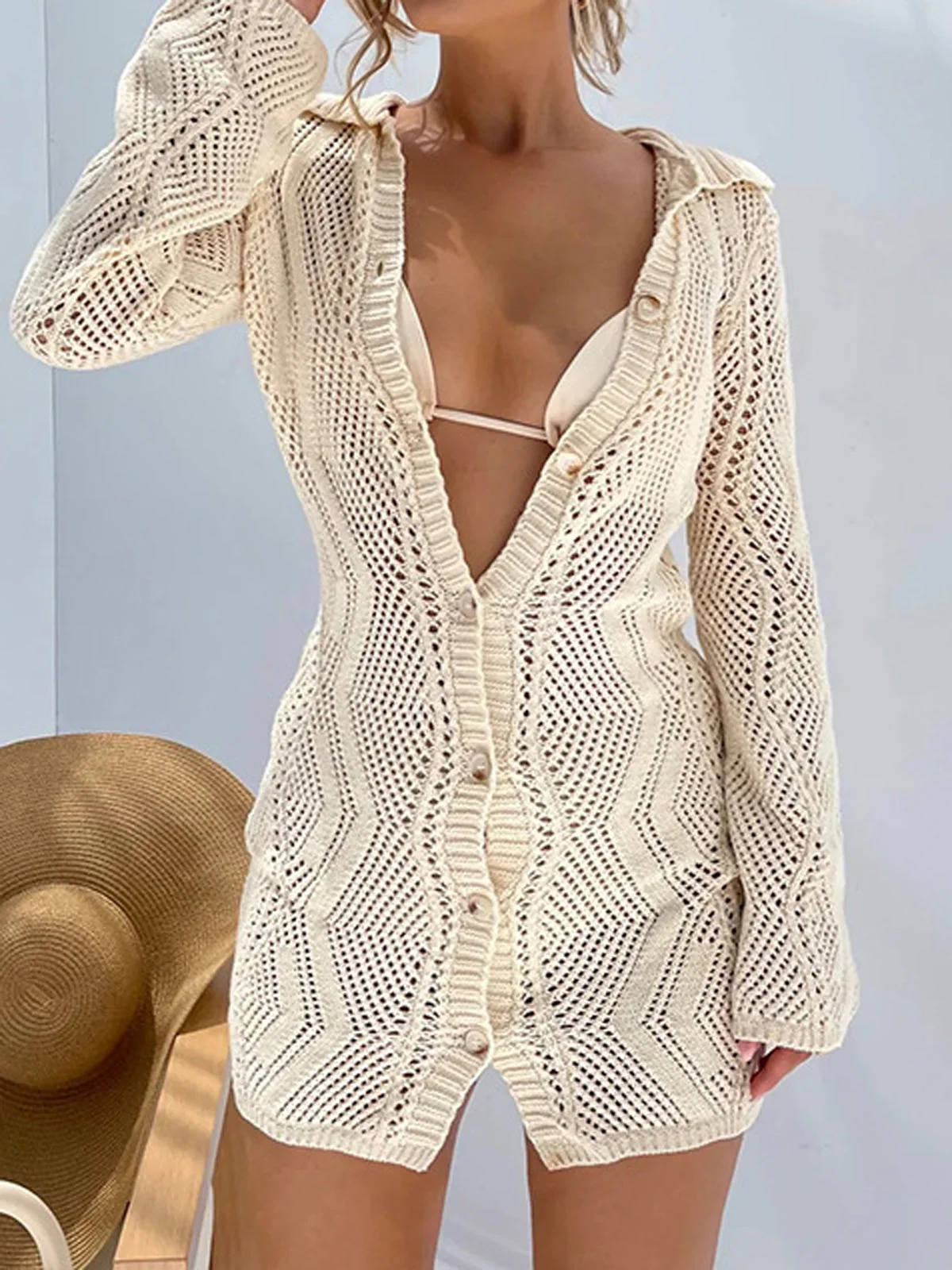 Elina | Häkel-Strandkleid mit Knopfleiste in Crème - Image 3