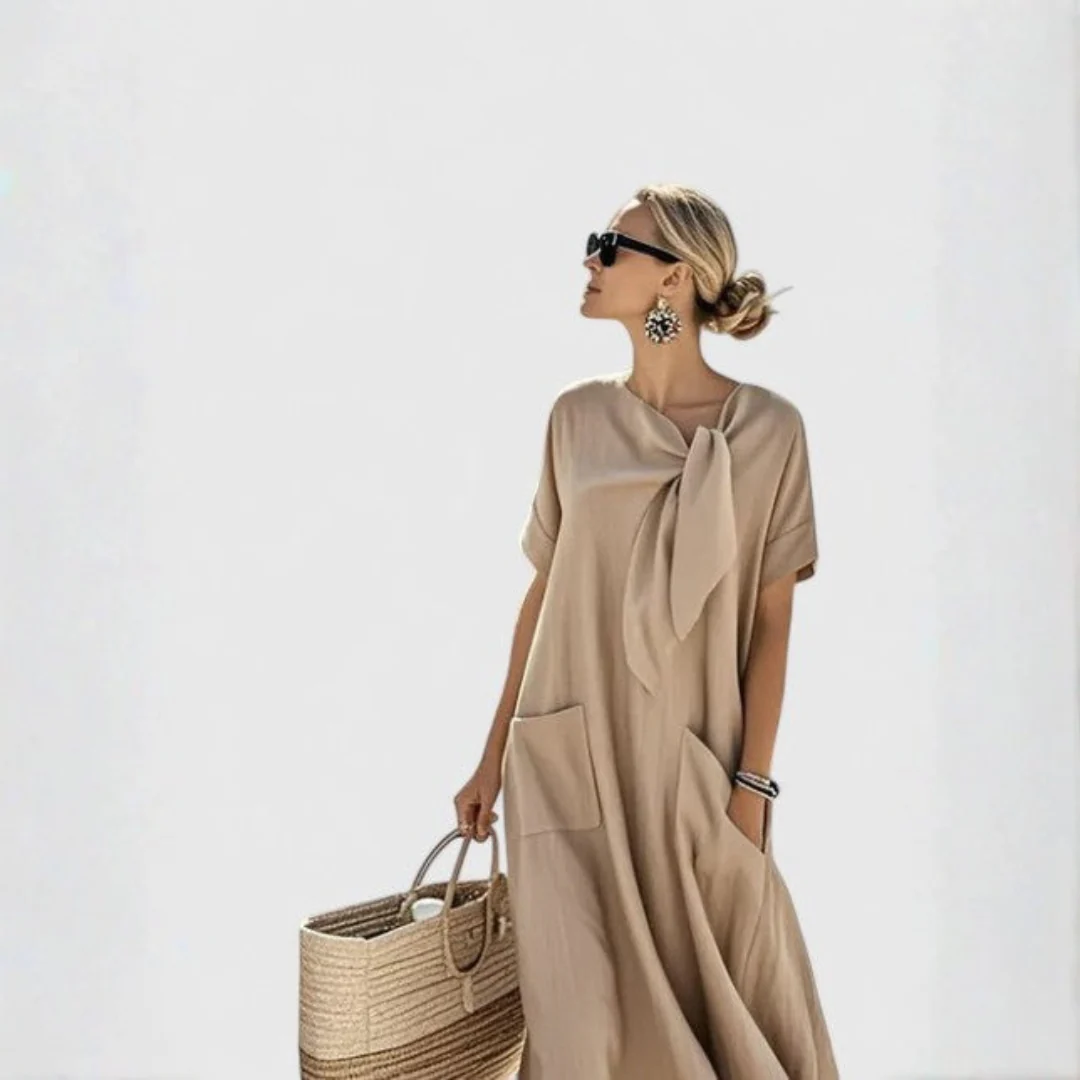 Elisa | Damen Lockeres Taschen Bindekragen Midi Kleid - Image 2