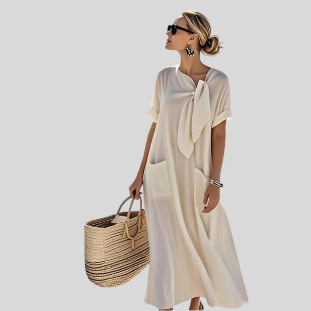 Elisa | Damen Lockeres Taschen Bindekragen Midi Kleid - Image 3